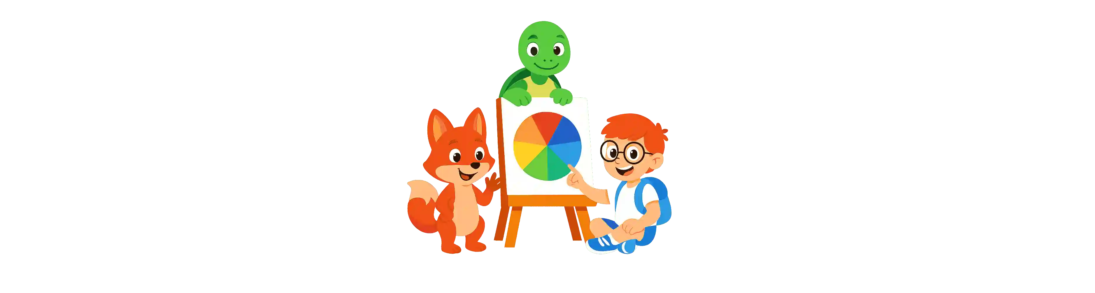 A happy cartoon bird showing colorful paints to kids